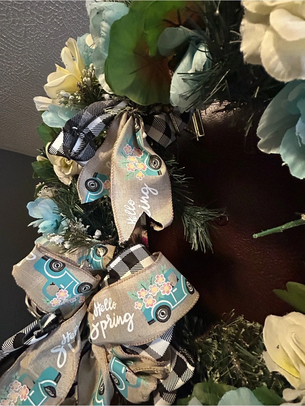 Spring Floral Wreath with Blue and Cream Roses